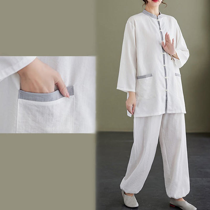 Conjunto de 2 piezas de camisa y pantalones de tai chi de algodón con Buddha Stones para mujer, ropa de meditación zen - image 12