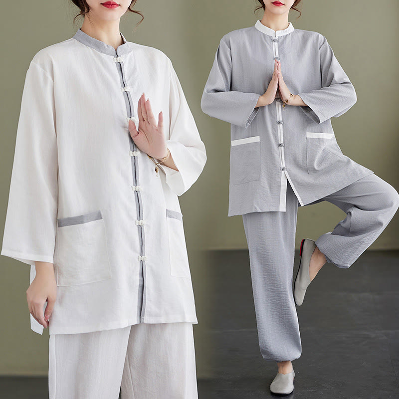 Conjunto de 2 piezas de camisa y pantalones de tai chi de algodón con Buddha Stones para mujer, ropa de meditación zen - image 18