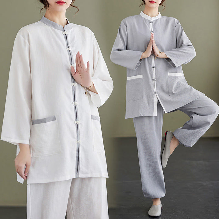 Conjunto de 2 piezas de camisa y pantalones de tai chi de algodón con Buddha Stones para mujer, ropa de meditación zen - image 18