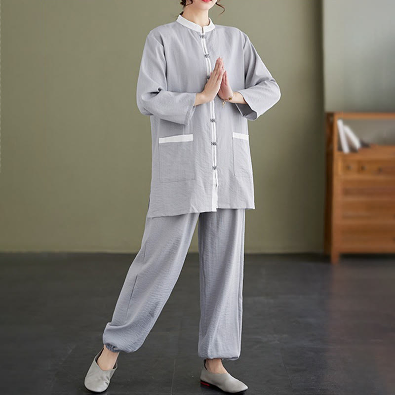 Conjunto de 2 piezas de camisa y pantalones de tai chi de algodón con Buddha Stones para mujer, ropa de meditación zen - image 2