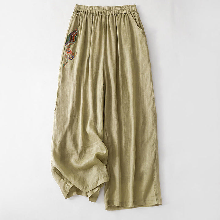 Pantalones anchos de lino y algodón con bordado floral para mujer, cintura elástica y bolsillos, estilo casual, con Buddha Stones - Caqui oscuro - US8-10，UK/AU12-14，EU40-42 (2XL) - image 1