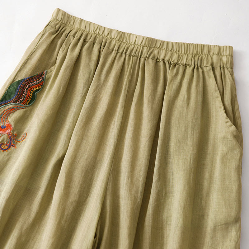 Pantalones anchos de lino y algodón con bordado floral para mujer, cintura elástica y bolsillos, estilo casual, con Buddha Stones - image 2