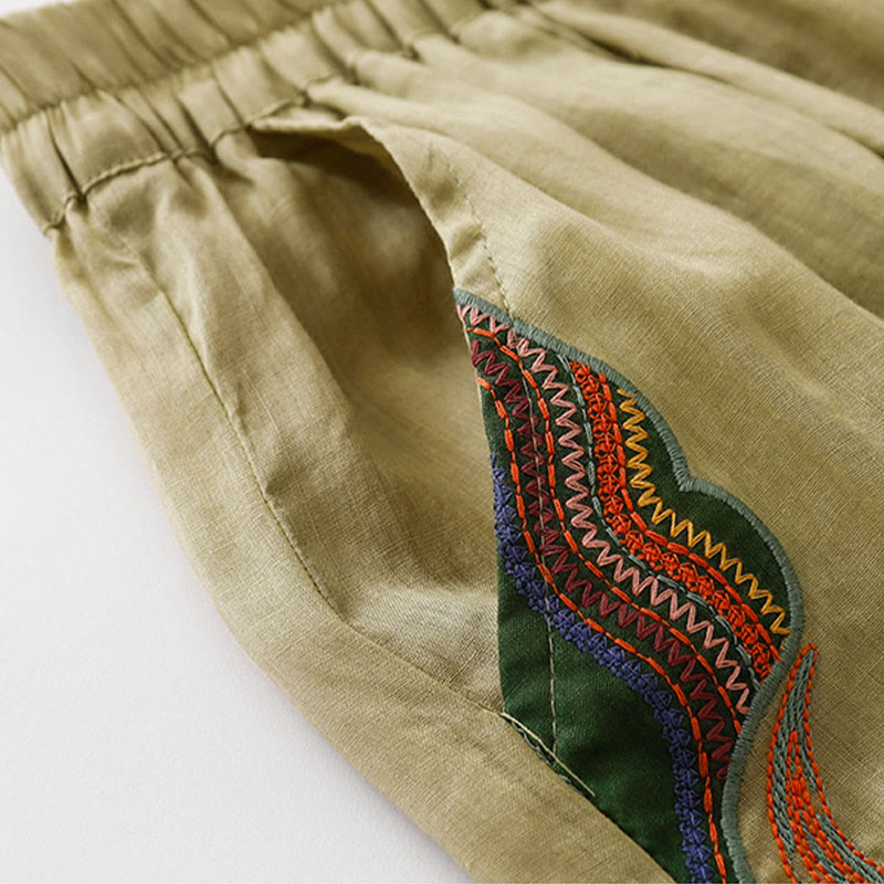 Pantalones anchos de lino y algodón con bordado floral para mujer, cintura elástica y bolsillos, estilo casual, con Buddha Stones - image 3