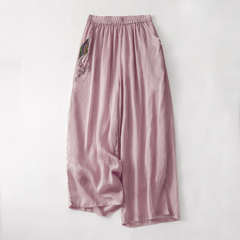 Pantalones anchos de lino y algodón con bordado floral para mujer, cintura elástica y bolsillos, estilo casual, con Buddha Stones - Violeta pálido rojo - US8-10，UK/AU12-14，EU40-42 (2XL) - image 8
