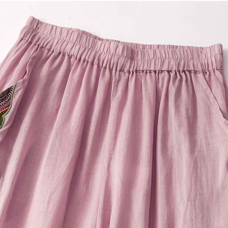 Pantalones anchos de lino y algodón con bordado floral para mujer, cintura elástica y bolsillos, estilo casual, con Buddha Stones - image 9