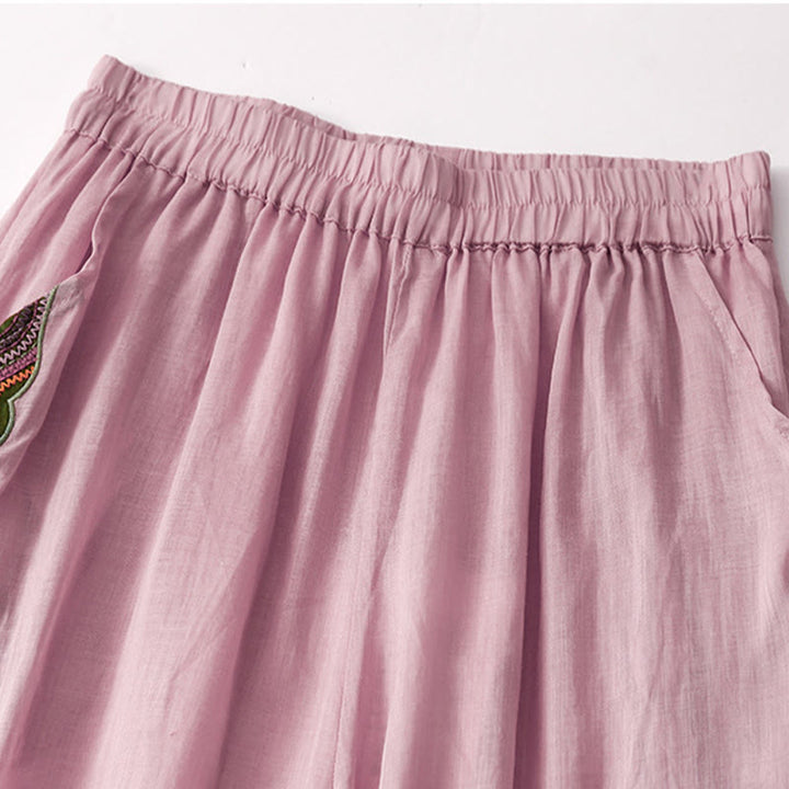 Pantalones anchos de lino y algodón con bordado floral para mujer, cintura elástica y bolsillos, estilo casual, con Buddha Stones - image 9
