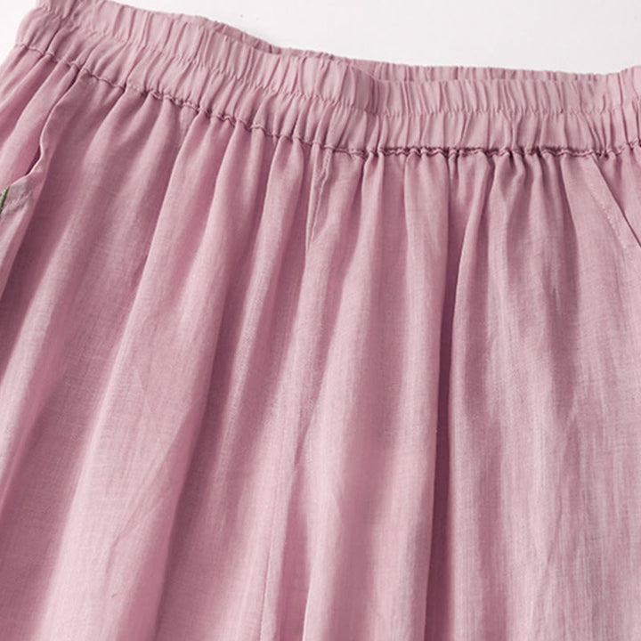 Pantalones anchos de lino y algodón con bordado floral para mujer, cintura elástica y bolsillos, estilo casual, con Buddha Stones - image 10