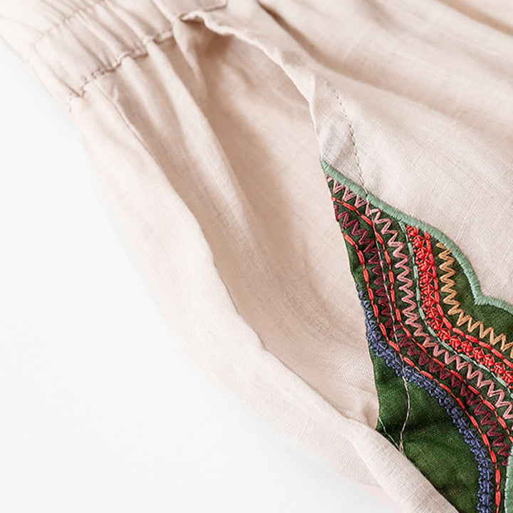 Pantalones anchos de lino y algodón con bordado floral para mujer, cintura elástica y bolsillos, estilo casual, con Buddha Stones - image 23
