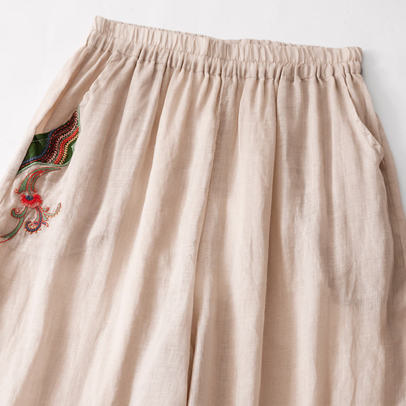 Pantalones anchos de lino y algodón con bordado floral para mujer, cintura elástica y bolsillos, estilo casual, con Buddha Stones - image 20