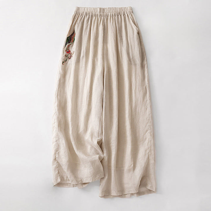 Pantalones anchos de lino y algodón con bordado floral para mujer, cintura elástica y bolsillos, estilo casual, con Buddha Stones - Blanco antiguo - US8-10，UK/AU12-14，EU40-42 (2XL) - image 18