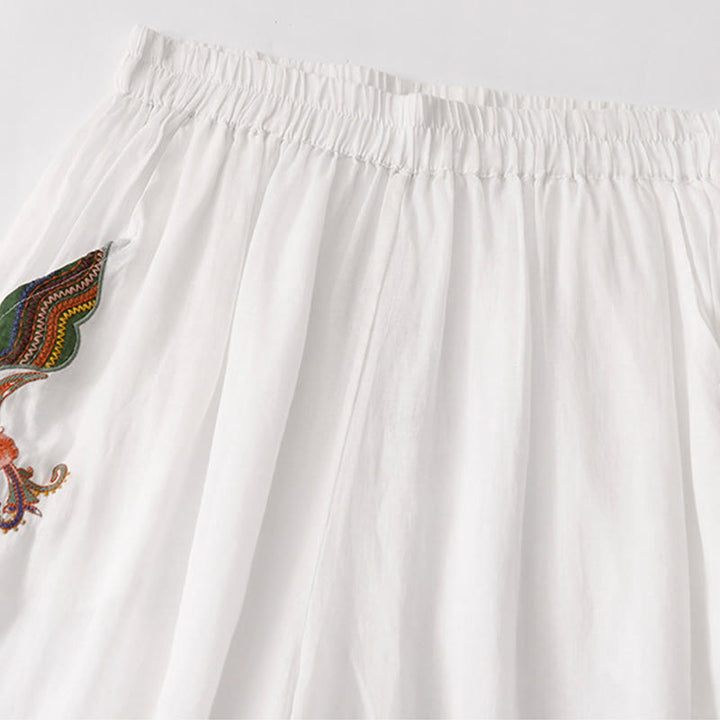 Pantalones anchos de lino y algodón con bordado floral para mujer, cintura elástica y bolsillos, estilo casual, con Buddha Stones - image 27