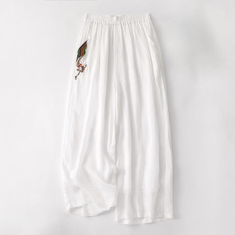 Pantalones anchos de lino y algodón con bordado floral para mujer, cintura elástica y bolsillos, estilo casual, con Buddha Stones - Blanco - US8-10，UK/AU12-14，EU40-42 (2XL) - image 26