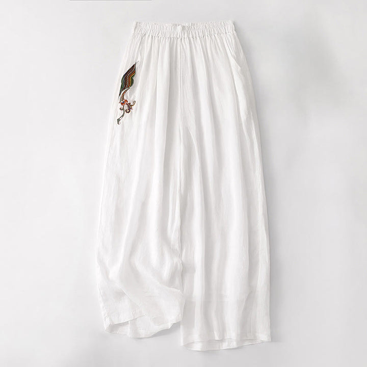 Pantalones anchos de lino y algodón con bordado floral para mujer, cintura elástica y bolsillos, estilo casual, con Buddha Stones - Blanco - US8-10，UK/AU12-14，EU40-42 (2XL) - image 26