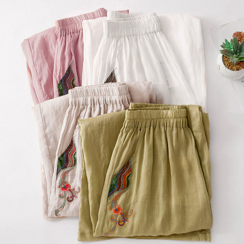 Pantalones anchos de lino y algodón con bordado floral para mujer, cintura elástica y bolsillos, estilo casual, con Buddha Stones - image 33