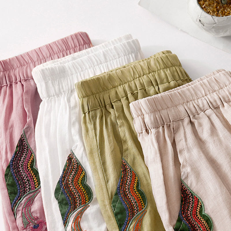 Pantalones anchos de lino y algodón con bordado floral para mujer, cintura elástica y bolsillos, estilo casual, con Buddha Stones - image 34