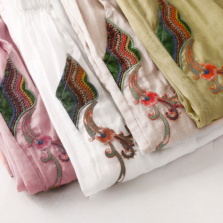 Pantalones anchos de lino y algodón con bordado floral para mujer, cintura elástica y bolsillos, estilo casual, con Buddha Stones - image 35