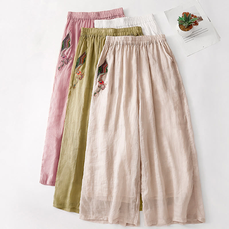 Pantalones anchos de lino y algodón con bordado floral para mujer, cintura elástica y bolsillos, estilo casual, con Buddha Stones - image 32