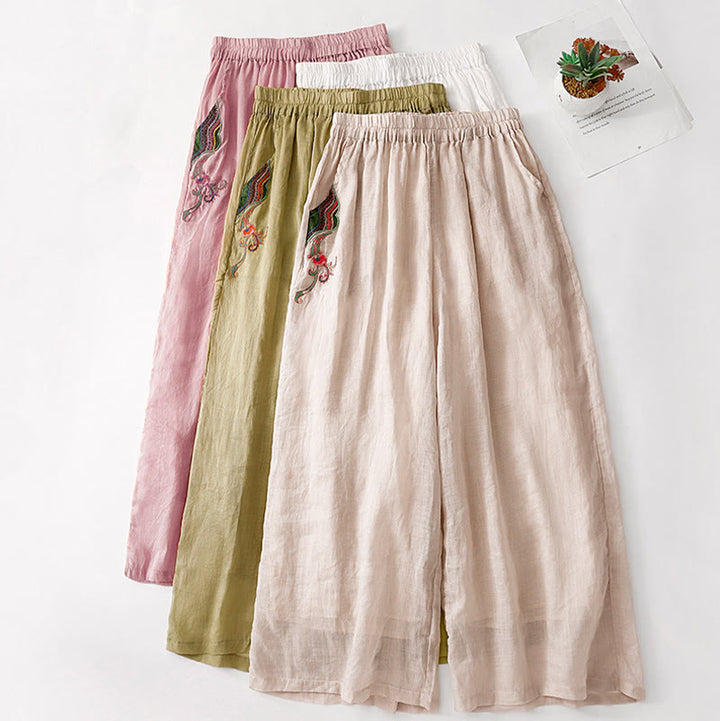 Pantalones anchos de lino y algodón con bordado floral para mujer, cintura elástica y bolsillos, estilo casual, con Buddha Stones - image 32