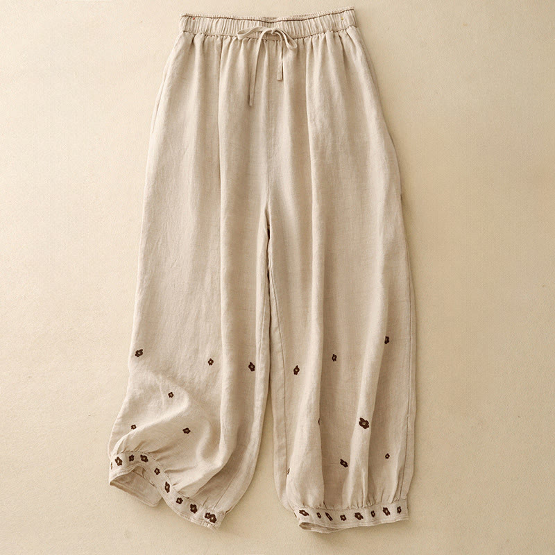 Pantalones harén de algodón y lino para mujer, informales, con pétalos bordados y Buddha Stones , de largo 7-8, con bolsillos - Trigo - US12, UK/AU16, EU44 (2XL) - image 1