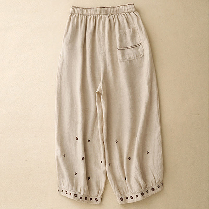 Pantalones harén de algodón y lino para mujer, informales, con pétalos bordados y Buddha Stones , de largo 7-8, con bolsillos - image 2