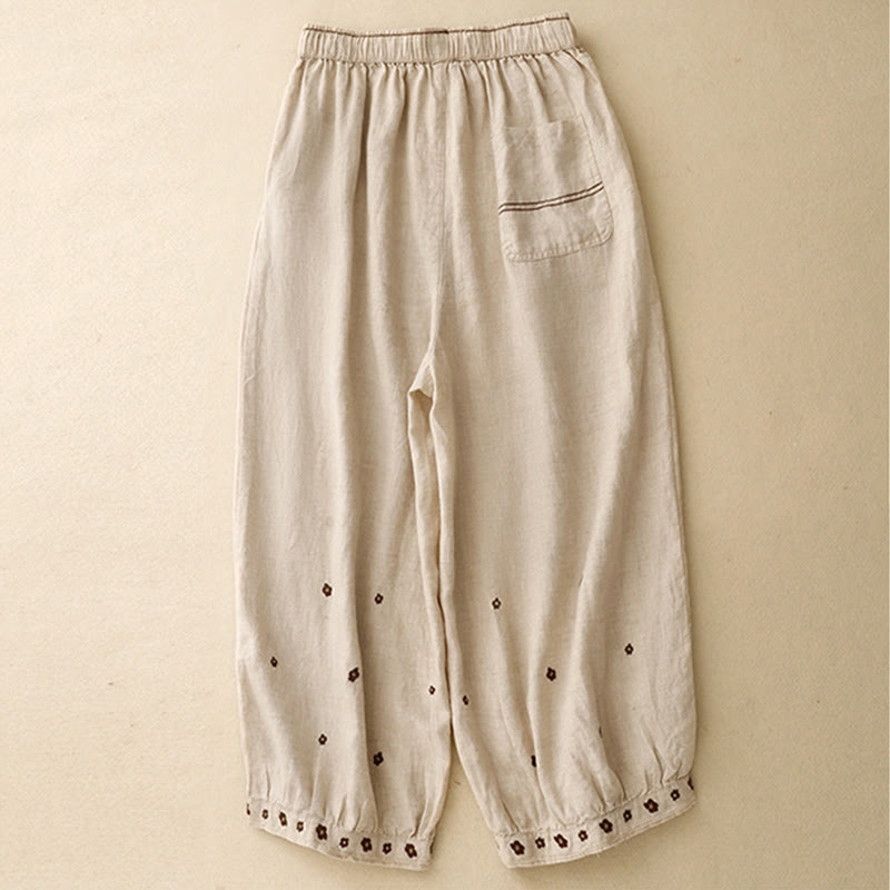 Pantalones harén de algodón y lino para mujer, informales, con pétalos bordados y Buddha Stones , de largo 7-8, con bolsillos - image 1