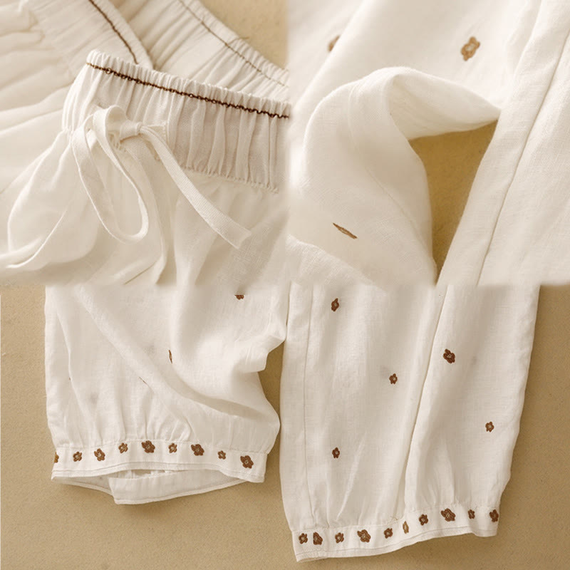 Pantalones harén de algodón y lino para mujer, informales, con pétalos bordados y Buddha Stones , de largo 7-8, con bolsillos - image 9