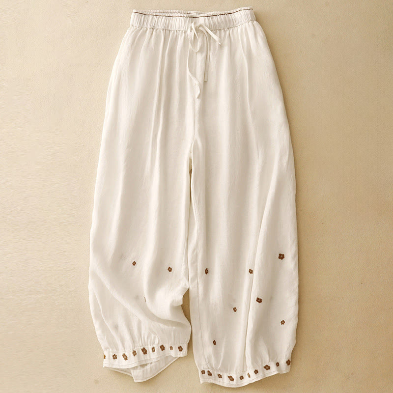 Pantalones harén de algodón y lino para mujer, informales, con pétalos bordados y Buddha Stones , de largo 7-8, con bolsillos - Lino - US12, UK/AU16, EU44 (2XL) - image 7