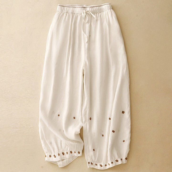 Pantalones harén de algodón y lino para mujer, informales, con pétalos bordados y Buddha Stones , de largo 7-8, con bolsillos - Lino - US12, UK/AU16, EU44 (2XL) - image 7