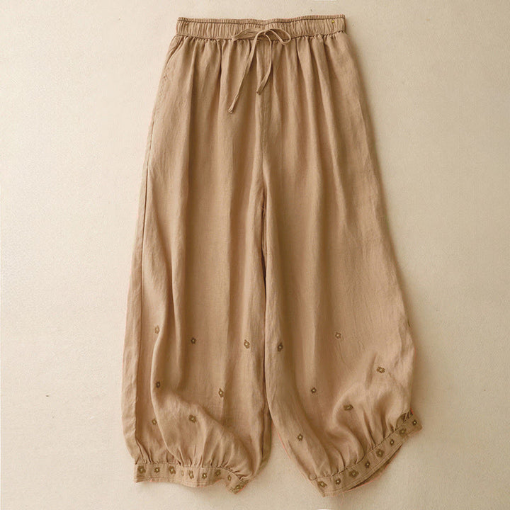 Pantalones harén de algodón y lino para mujer, informales, con pétalos bordados y Buddha Stones , de largo 7-8, con bolsillos - SandyBrown - US12, UK/AU16, EU44 (2XL) - image 10