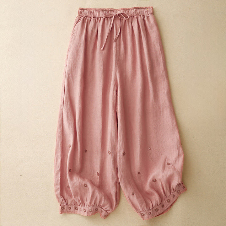 Pantalones harén de algodón y lino para mujer, informales, con pétalos bordados y Buddha Stones , de largo 7-8, con bolsillos - Coral claro - US12, UK/AU16, EU44 (2XL) - image 13