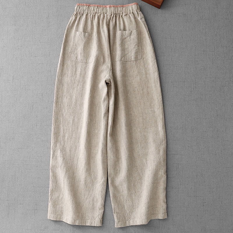 Pantalones casuales de lino y algodón con bolsillos para mujer, con diseño sencillo y cordón , de Buddha Stones. - image 2
