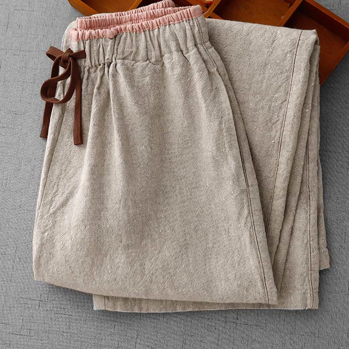 Pantalones casuales de lino y algodón con bolsillos para mujer, con diseño sencillo y cordón , de Buddha Stones. - image 5