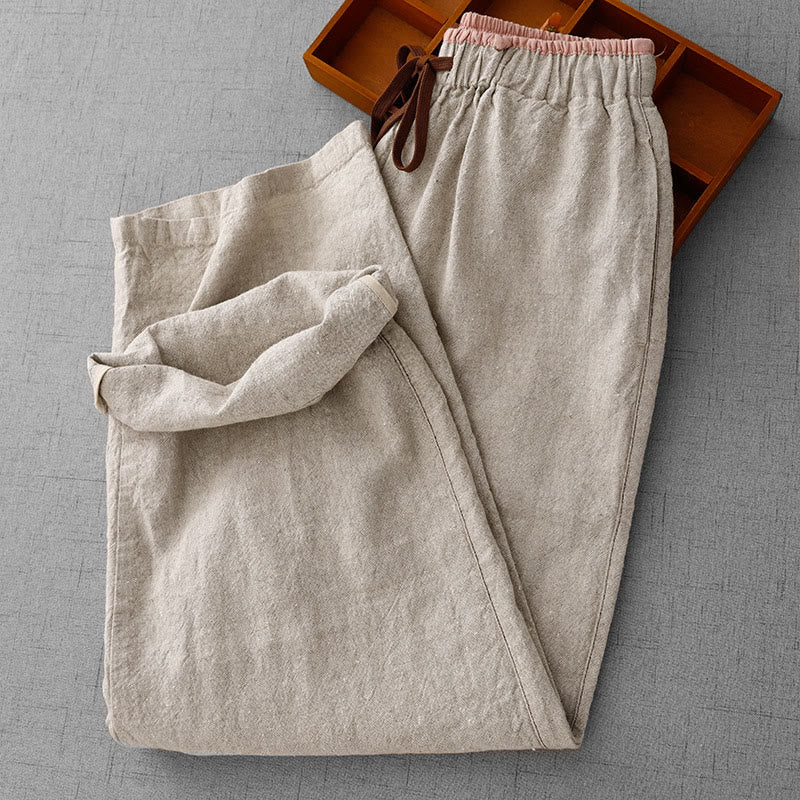 Pantalones casuales de lino y algodón con bolsillos para mujer, con diseño sencillo y cordón , de Buddha Stones. - image 3