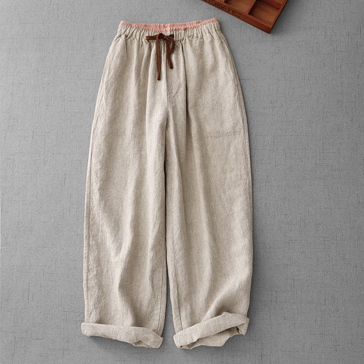 Pantalones casuales de lino y algodón con bolsillos para mujer, con diseño sencillo y cordón , de Buddha Stones. - Beige - US8-10，UK/AU12-14，EU40-42 (2XL) - image 1