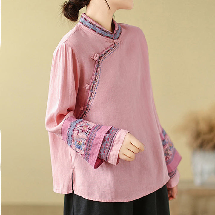 Camisa de lino y algodón para mujer con botones inclinados y bordados con Buddha Stones - image 15
