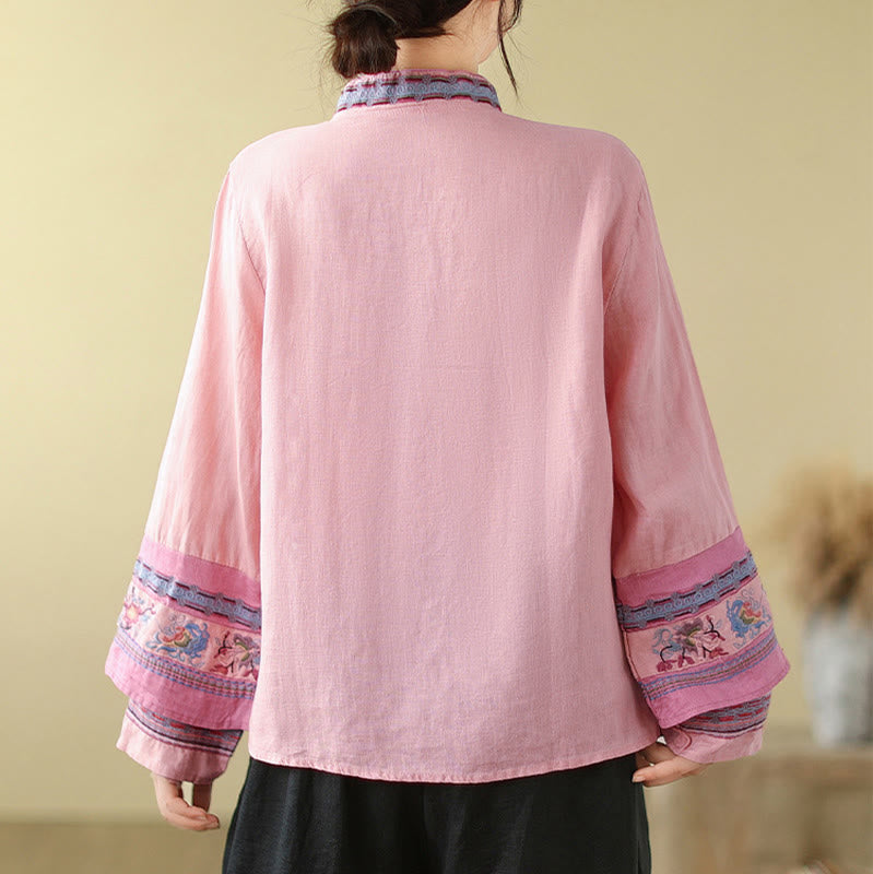 Camisa de lino y algodón para mujer con botones inclinados y bordados con Buddha Stones - image 17