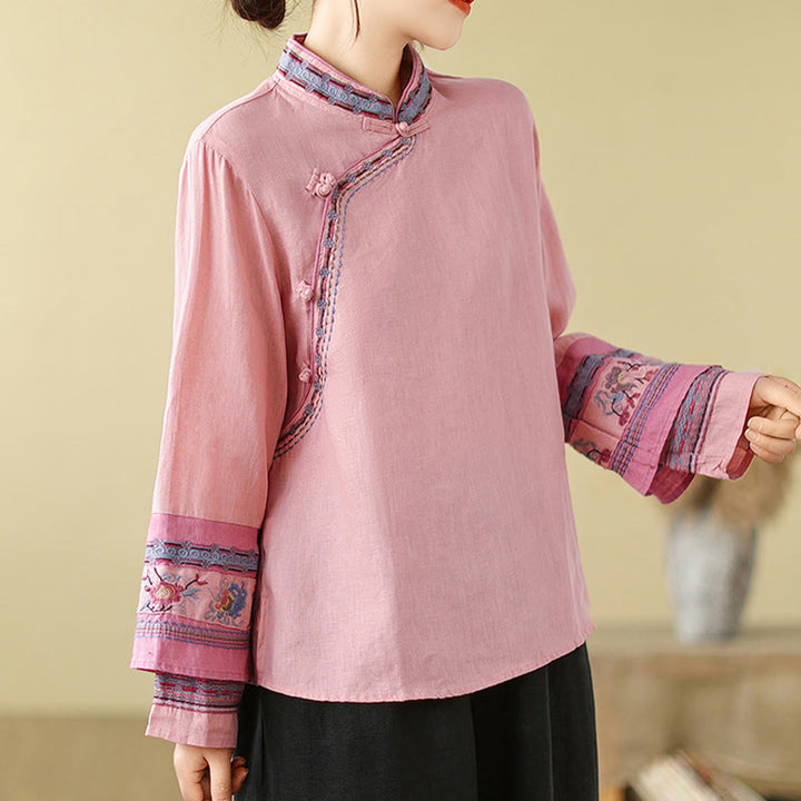 Camisa de lino y algodón para mujer con botones inclinados y bordados con Buddha Stones - image 16