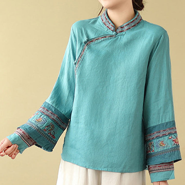 Camisa de lino y algodón para mujer con botones inclinados y bordados con Buddha Stones - image 20