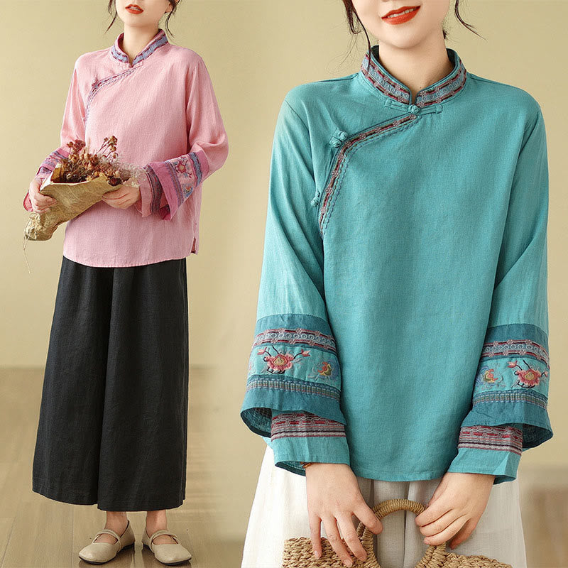 Camisa de lino y algodón para mujer con botones inclinados y bordados con Buddha Stones - image 25