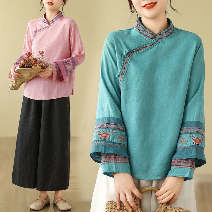Camisa de lino y algodón para mujer con botones inclinados y bordados con Buddha Stones - image 25
