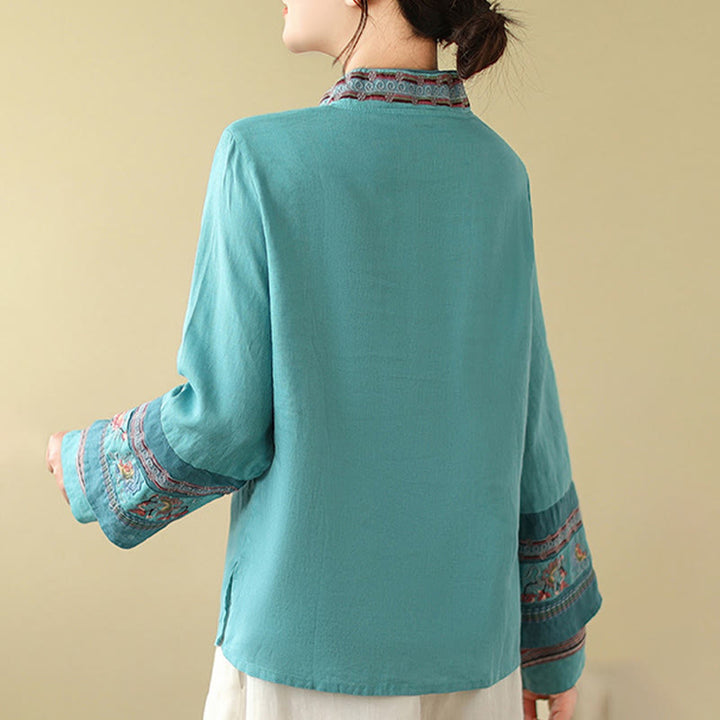 Camisa de lino y algodón para mujer con botones inclinados y bordados con Buddha Stones - image 21