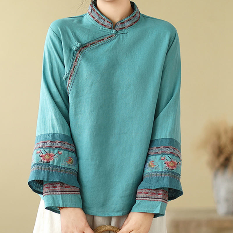 Camisa de lino y algodón para mujer con botones inclinados y bordados con Buddha Stones - image 22