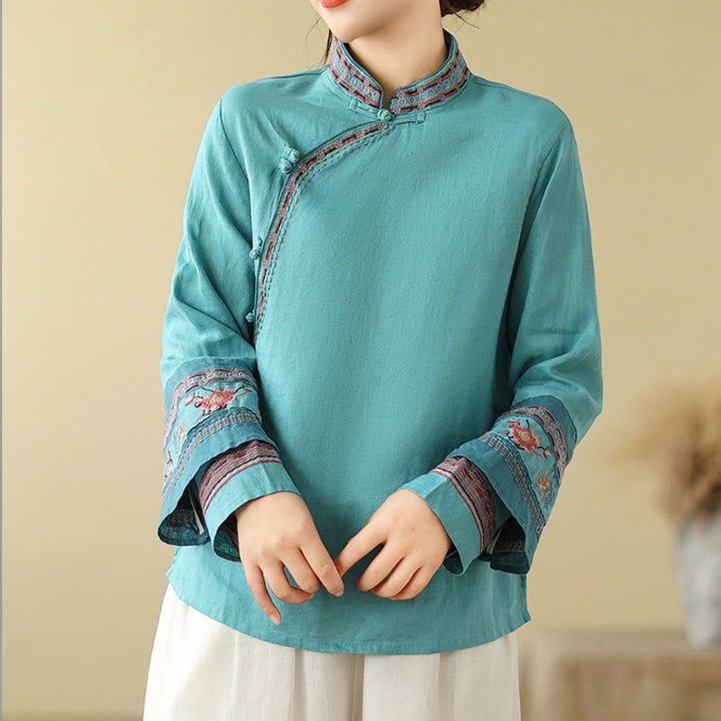 Camisa de lino y algodón para mujer con botones inclinados y bordados con Buddha Stones - image 23