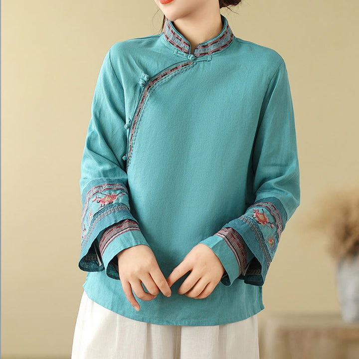 Camisa de lino y algodón para mujer con botones inclinados y bordados con Buddha Stones - image 23