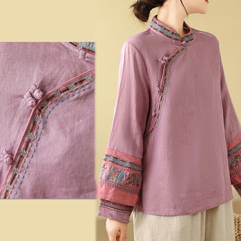 Camisa de lino y algodón para mujer con botones inclinados y bordados con Buddha Stones - image 7