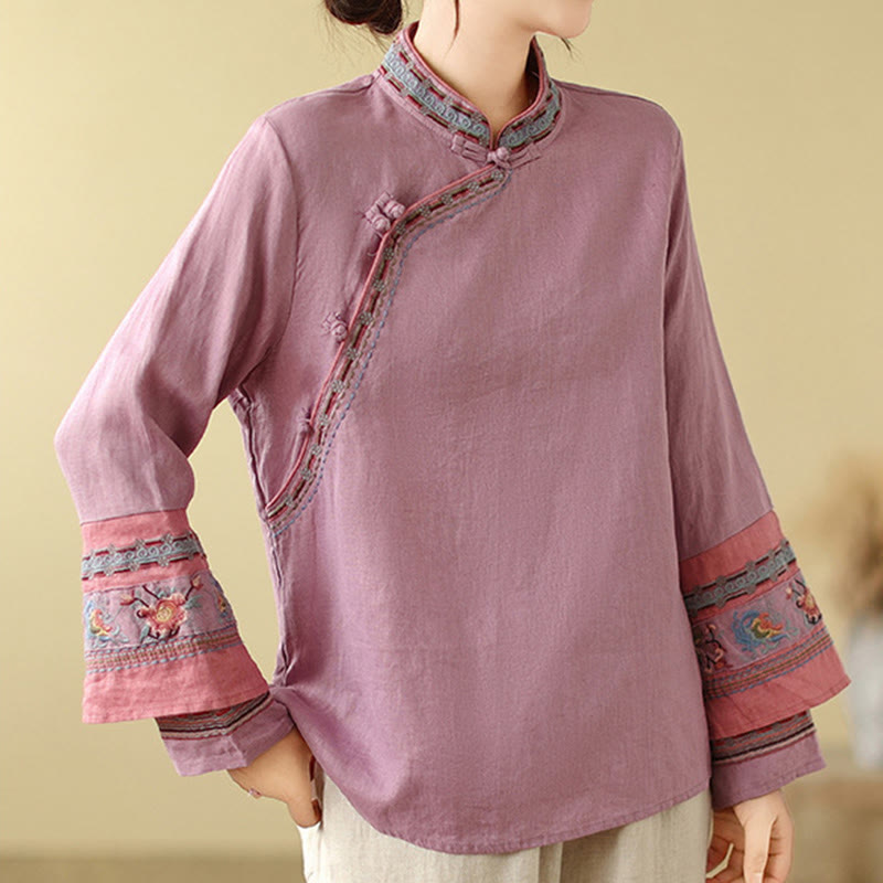 Camisa de lino y algodón para mujer con botones inclinados y bordados con Buddha Stones - image 4