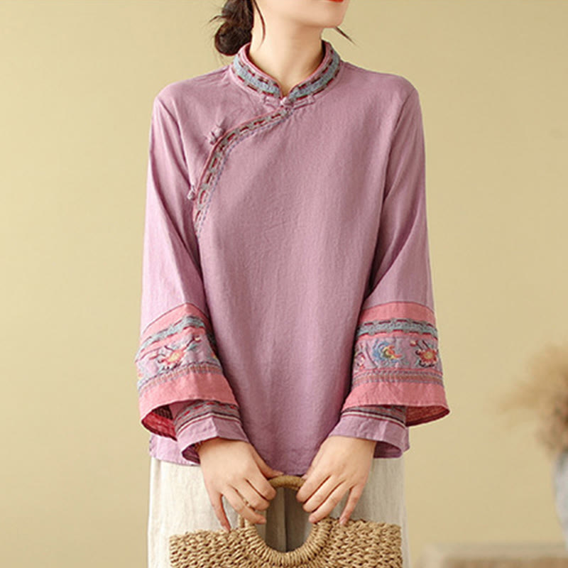 Camisa de lino y algodón para mujer con botones inclinados y bordados con Buddha Stones - image 2