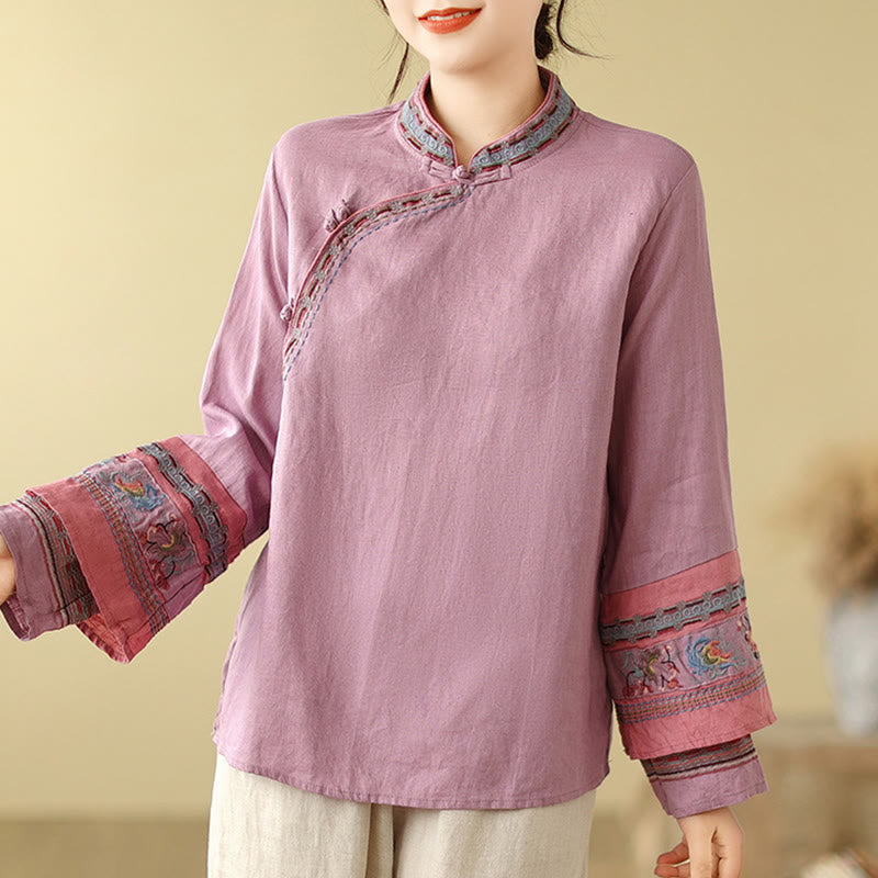 Camisa de lino y algodón para mujer con botones inclinados y bordados con Buddha Stones - image 3
