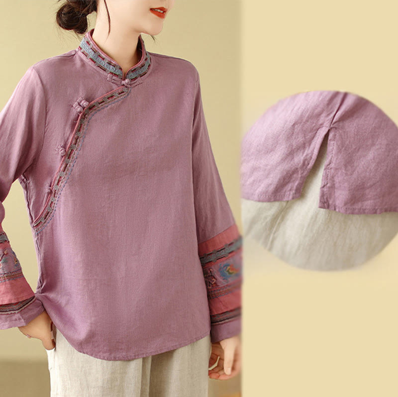 Camisa de lino y algodón para mujer con botones inclinados y bordados con Buddha Stones - image 6