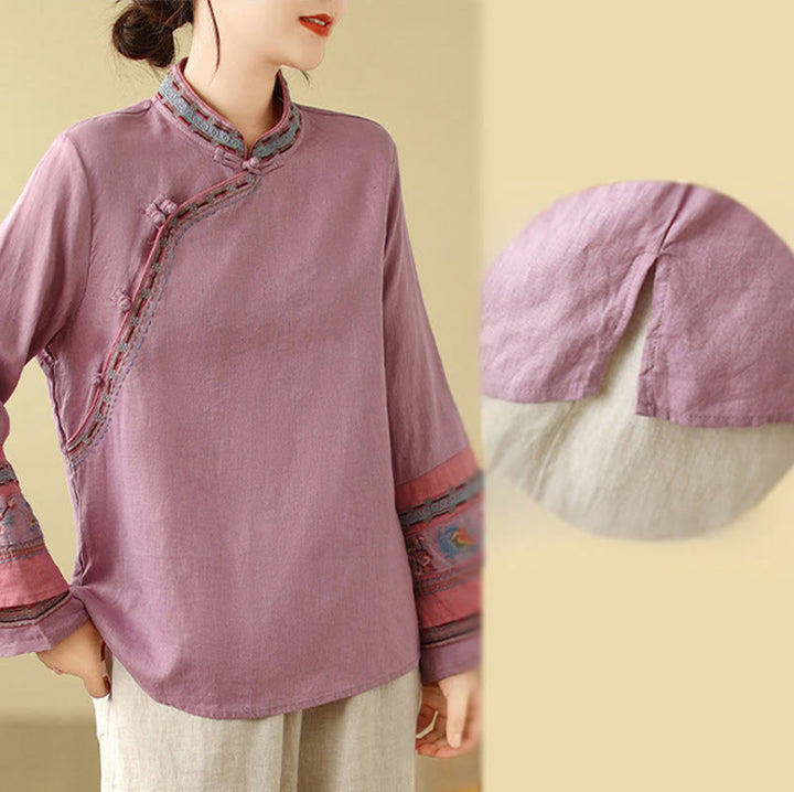 Camisa de lino y algodón para mujer con botones inclinados y bordados con Buddha Stones - image 6